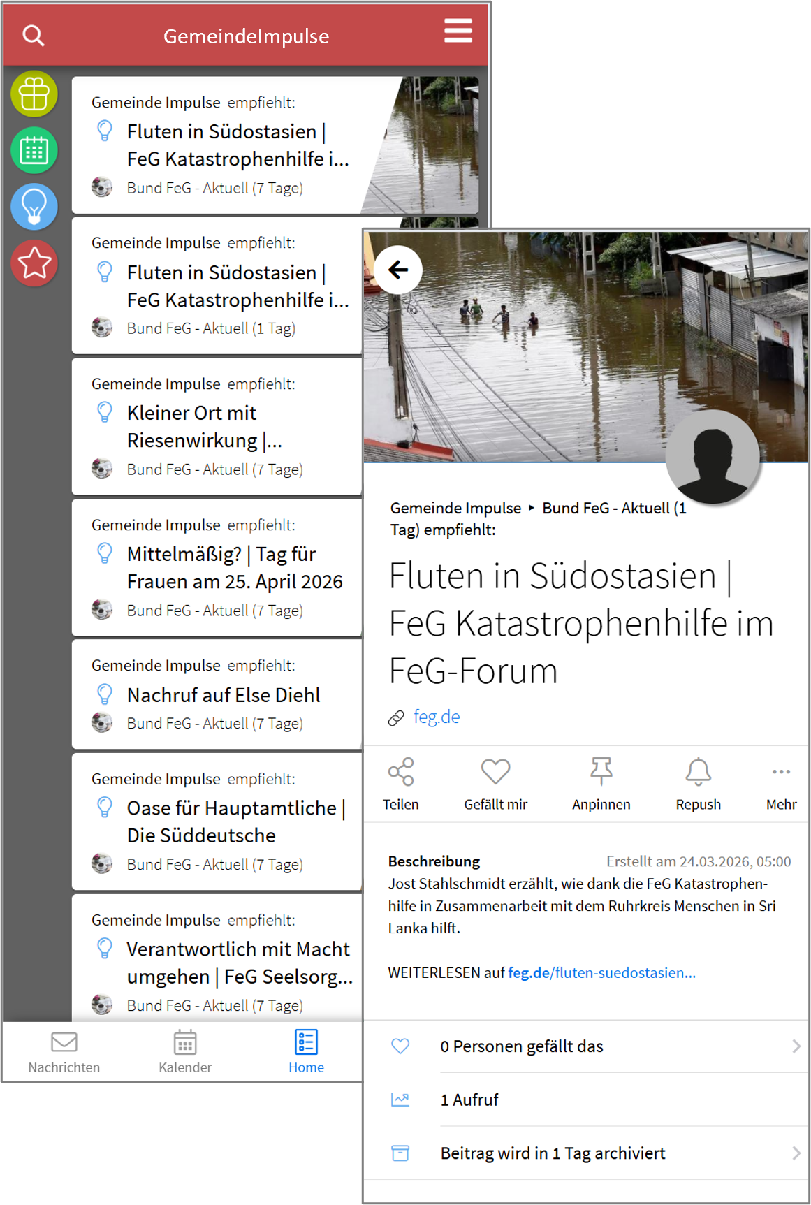 Screenshot mit Übersicht der App und Beispielinhalt